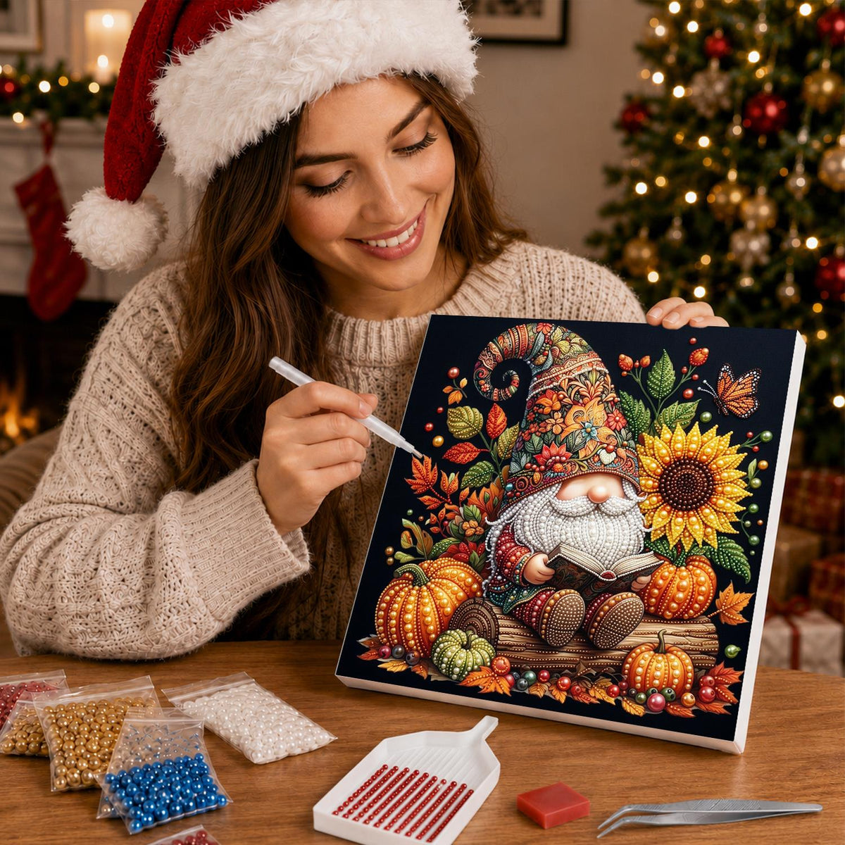 Reading Gnome with Sunflowers pearl painting – image 16