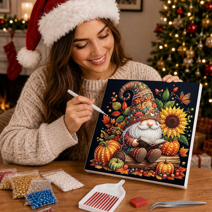 Reading Gnome with Sunflowers pearl painting – image 16