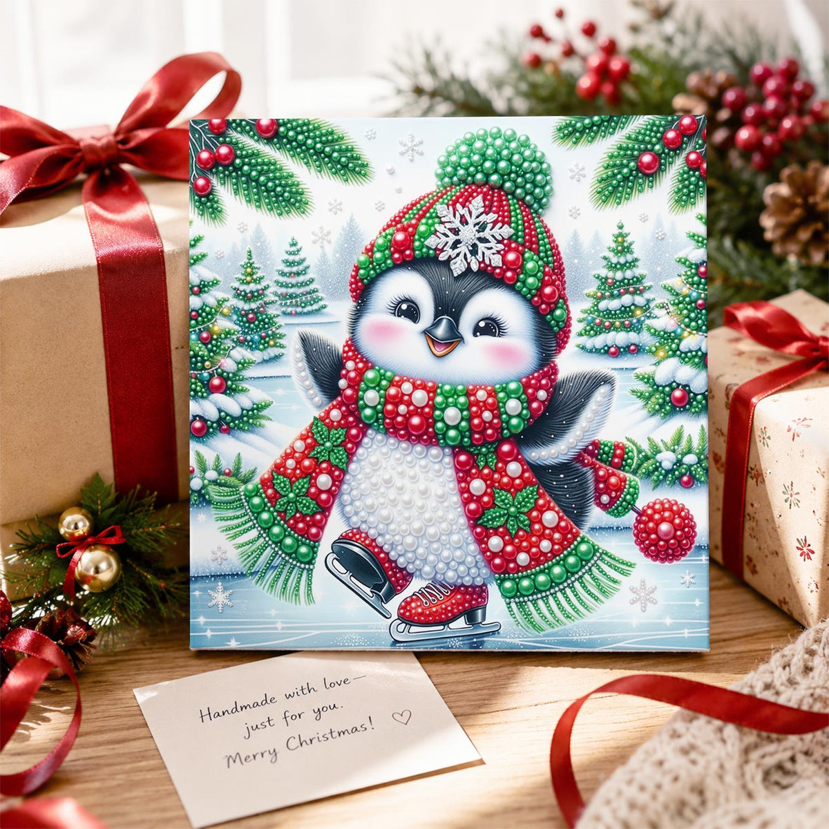 Skating Penguin in Holly Scarf pearl painting – image 2