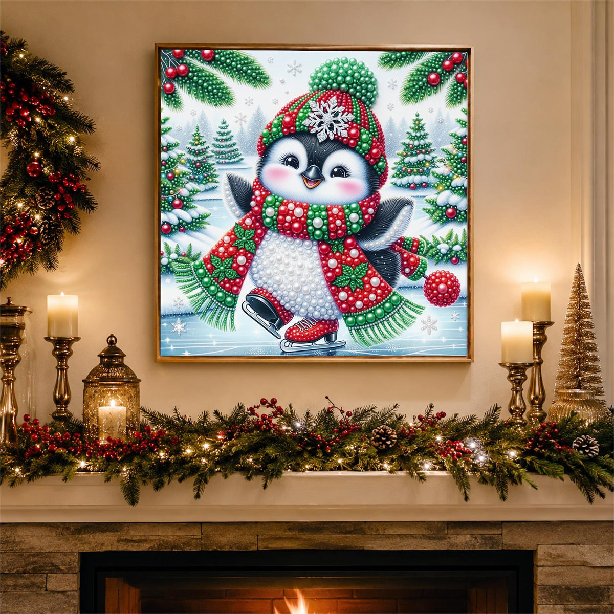 Skating Penguin in Holly Scarf pearl painting – image 3