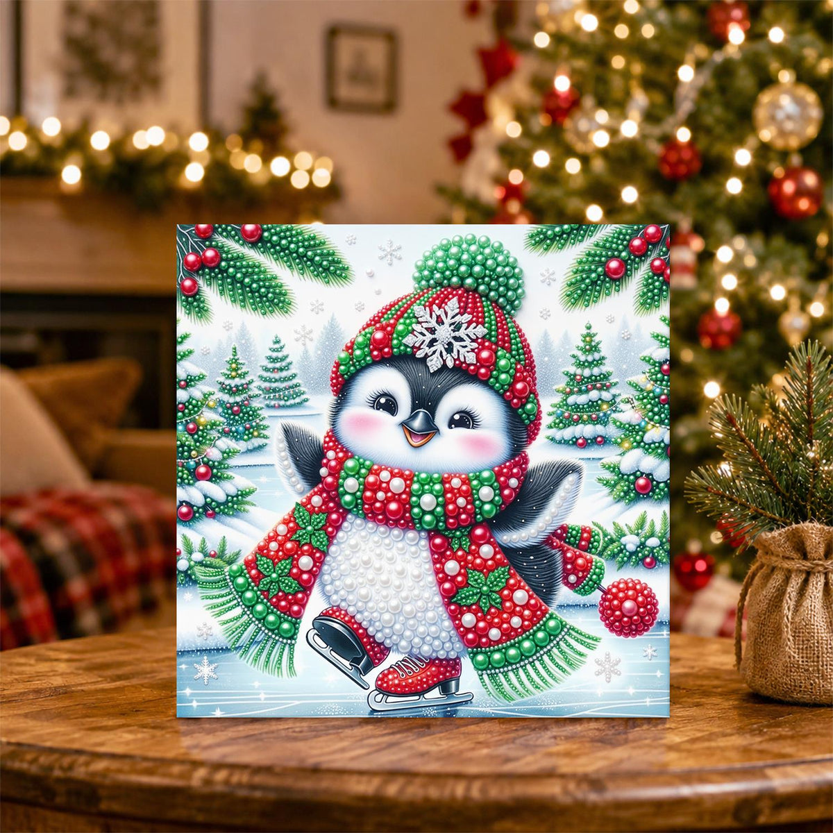Skating Penguin in Holly Scarf pearl painting – image 5