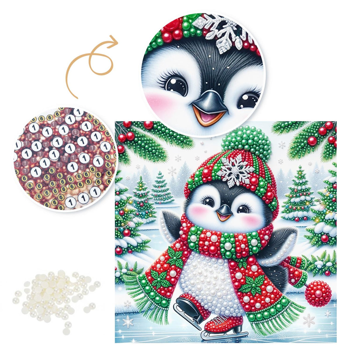 Skating Penguin in Holly Scarf pearl painting – image 6