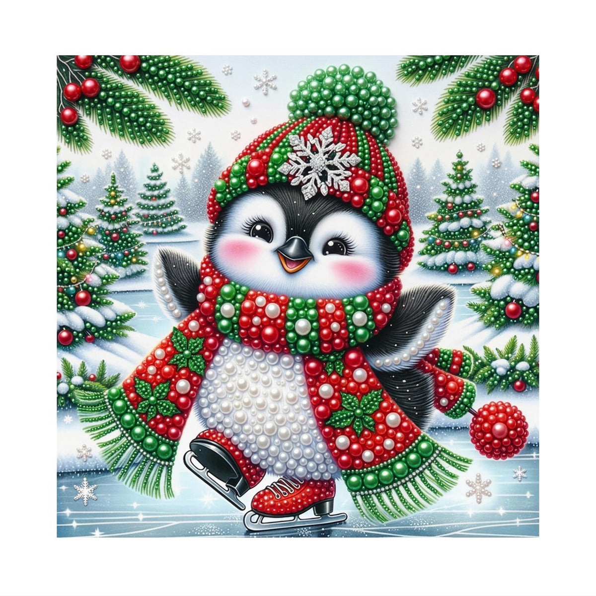 Skating Penguin in Holly Scarf pearl painting – image 11