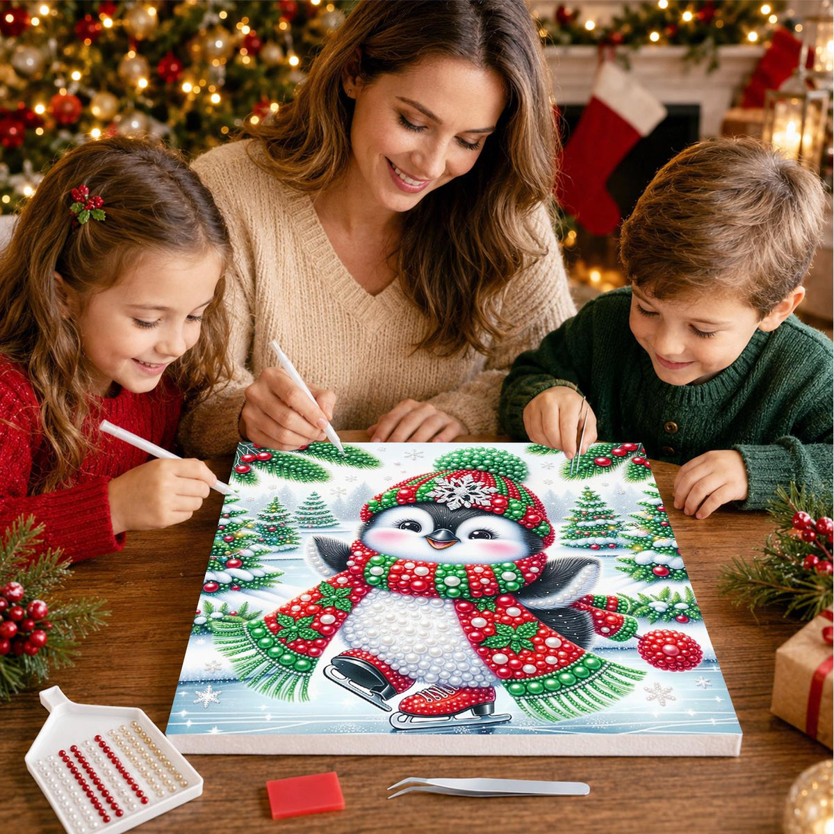 Skating Penguin in Holly Scarf pearl painting – image 15