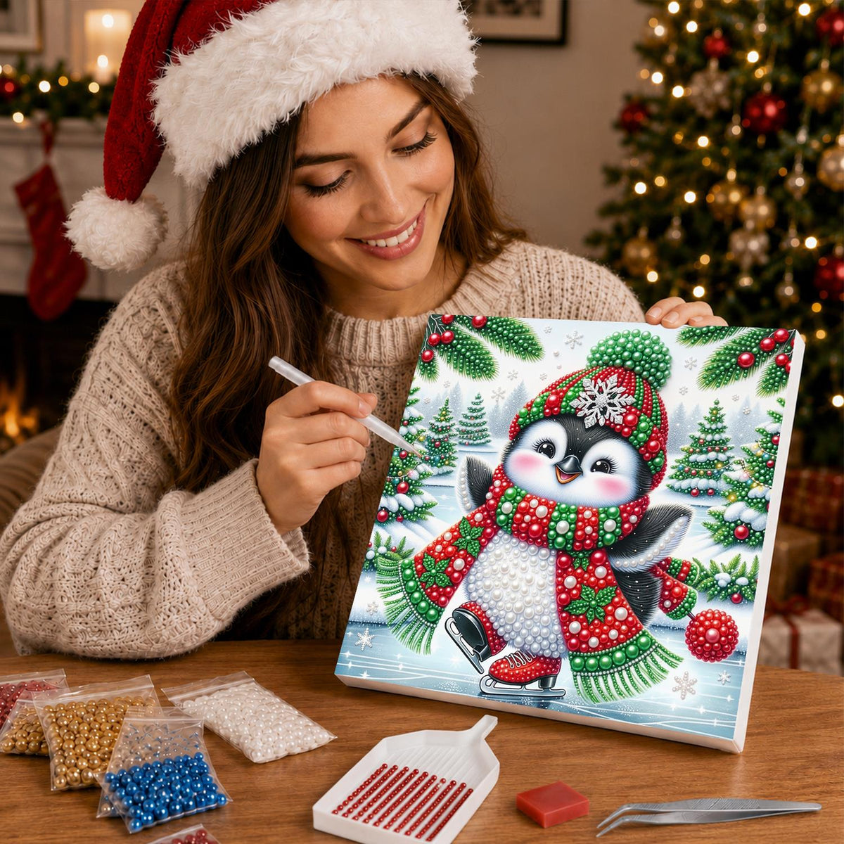 Skating Penguin in Holly Scarf pearl painting – image 16