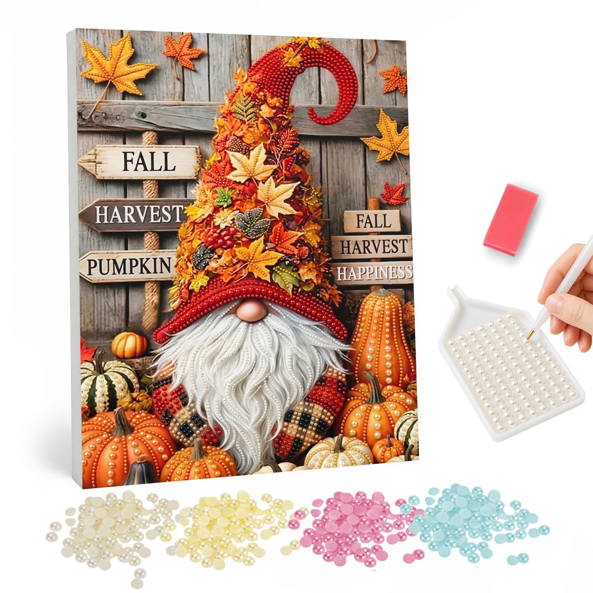 Leaf-Hat Harvest Gnome pearl painting – Gnome with a long white beard and maple-leaf hat among pumpkins and wooden Fall Harvest signs