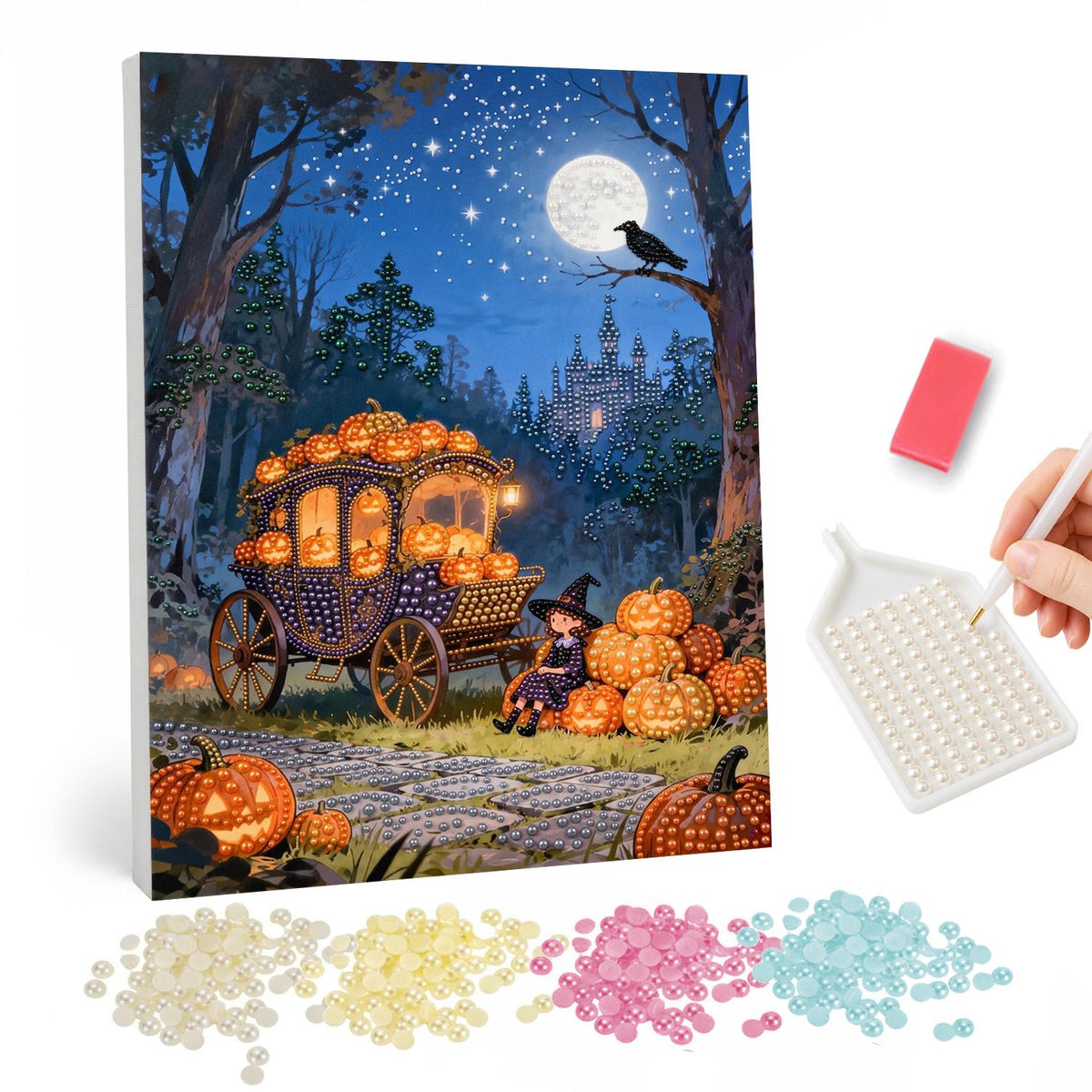 Pumpkin Coach by Moonlight pearl painting – Glowing pumpkin-filled carriage in a moonlit forest with a crow, a small witch and a distant castle