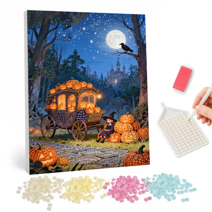 Pumpkin Coach by Moonlight pearl painting – Glowing pumpkin-filled carriage in a moonlit forest with a crow, a small witch and a distant castle