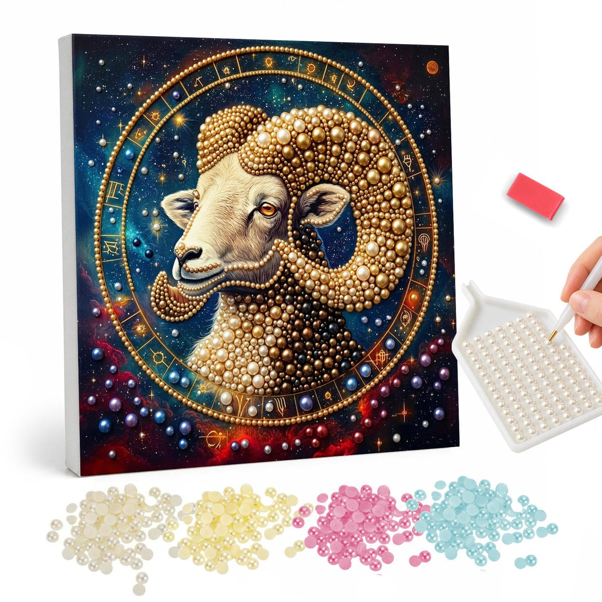 Golden Aries in a Starry Wheel pearl painting – Golden curly-fleeced ram with spiral horns inside a zodiac wheel on a starry blue sky