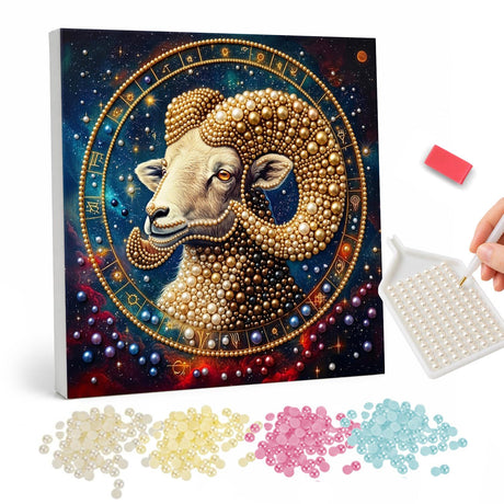 Golden Aries in a Starry Wheel pearl painting – Golden curly-fleeced ram with spiral horns inside a zodiac wheel on a starry blue sky