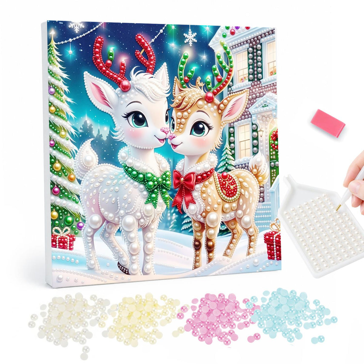 Reindeer Fawns with Red Bows pearl painting – White and tan reindeer fawns with red antlers and bows nuzzling in a snowy village strung with lights