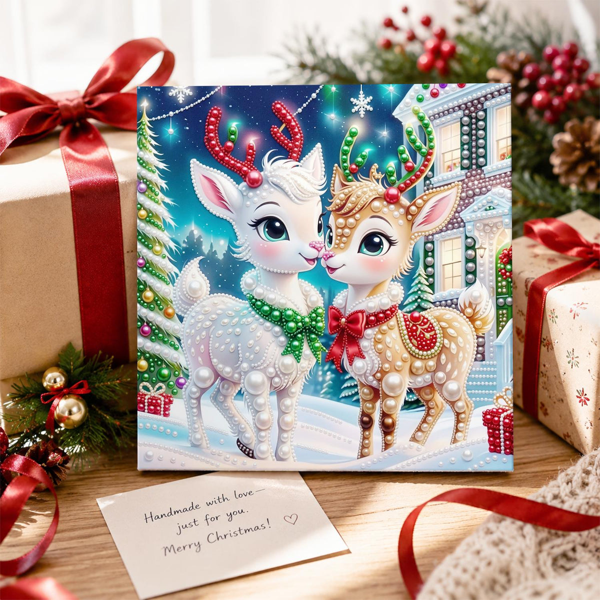Reindeer Fawns with Red Bows pearl painting – image 2