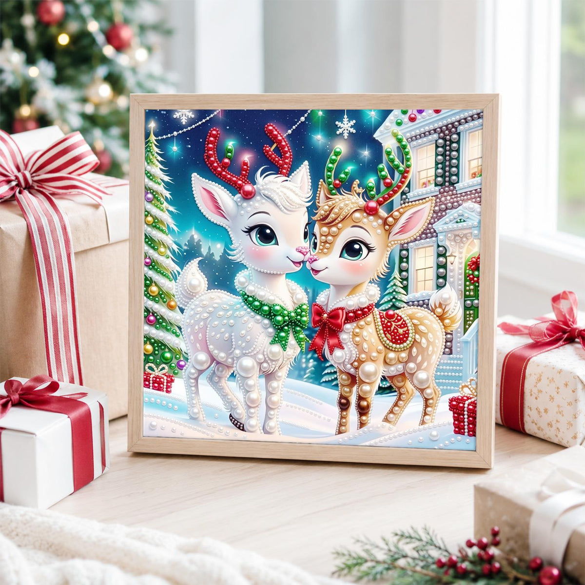 Reindeer Fawns with Red Bows pearl painting – image 4