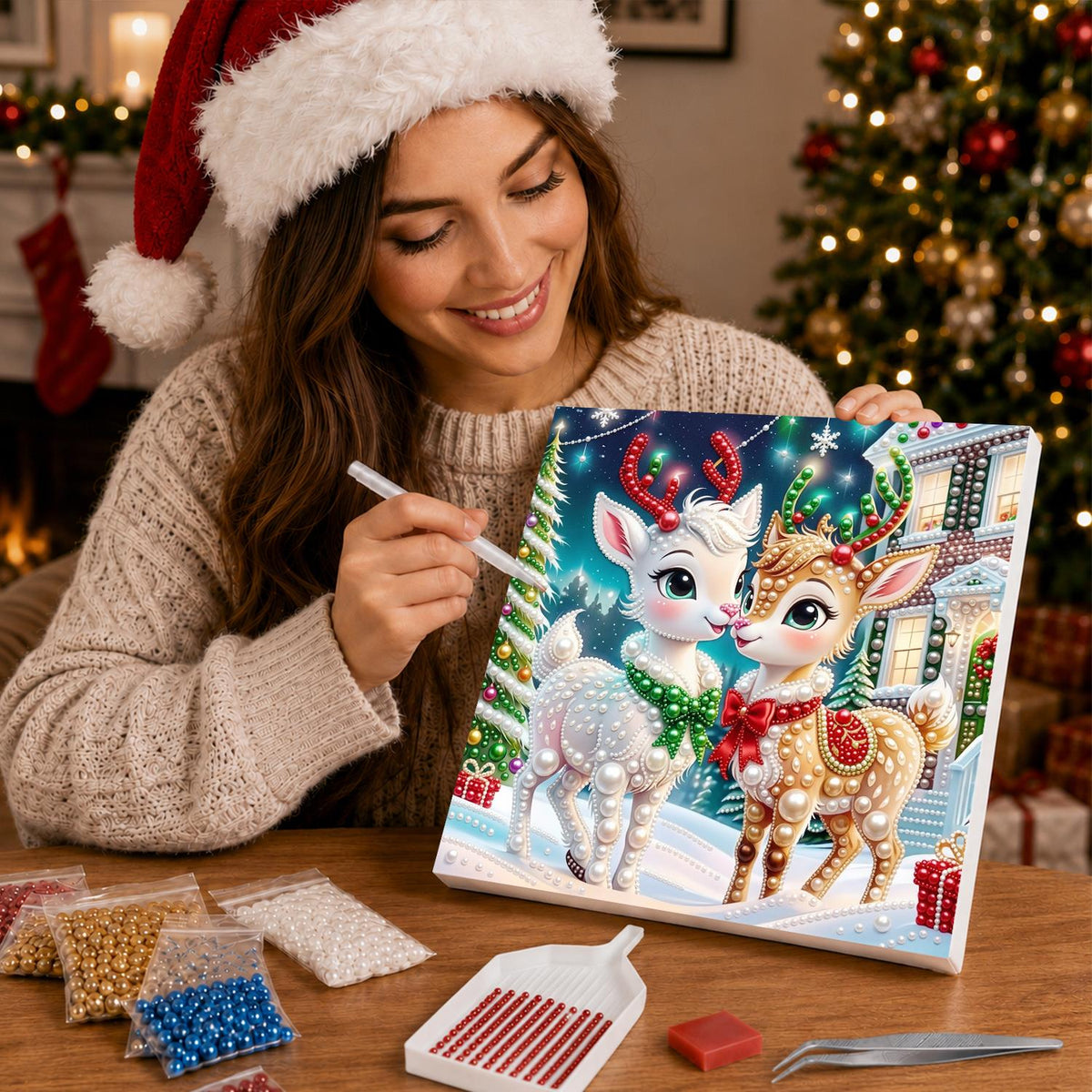 Reindeer Fawns with Red Bows pearl painting – image 16