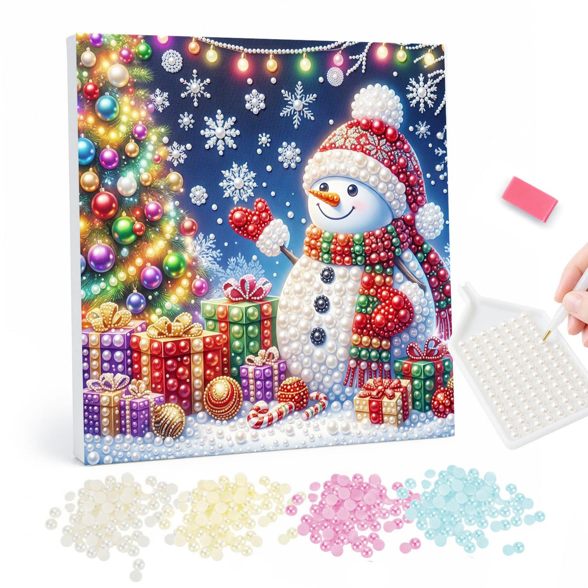 Snowman Holding a Red Heart pearl painting – Snowman in a red hat and scarf holding a red heart beside a lit Christmas tree and wrapped gifts at night