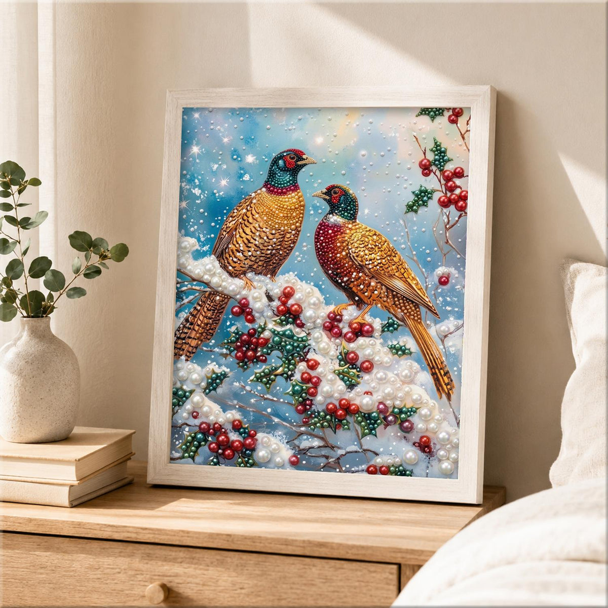 Pheasant Pair on a Snowy Bough pearl painting – image 2