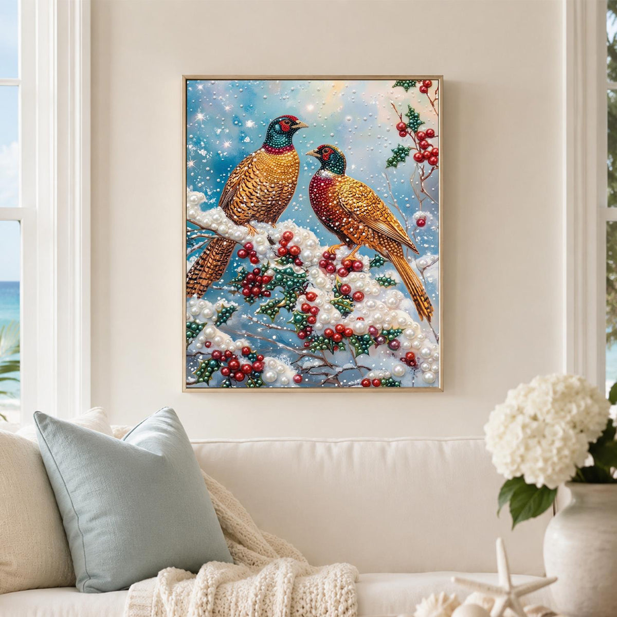 Pheasant Pair on a Snowy Bough pearl painting – image 3