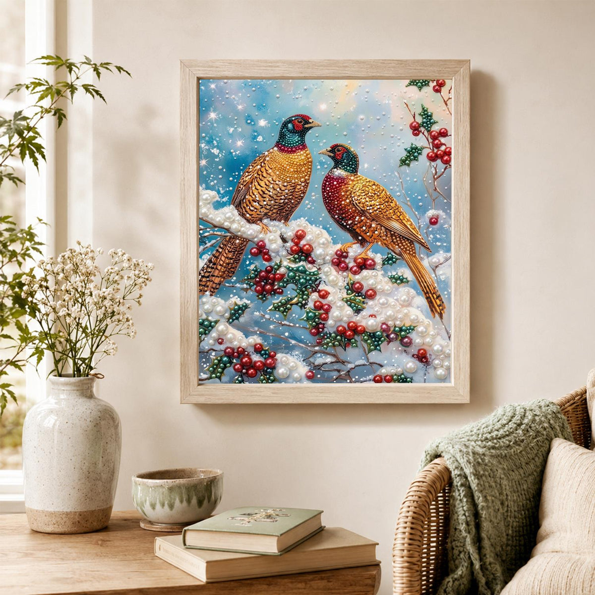 Pheasant Pair on a Snowy Bough pearl painting – image 4