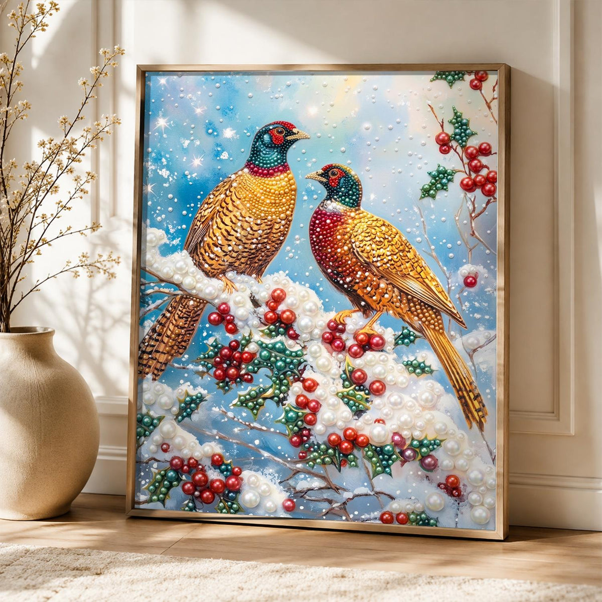 Pheasant Pair on a Snowy Bough pearl painting – image 5