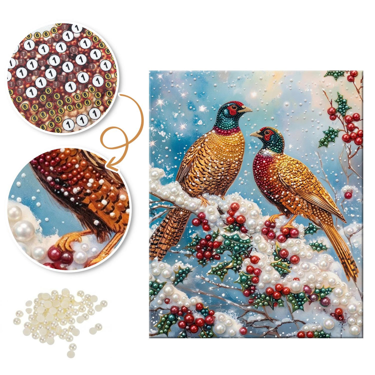 Pheasant Pair on a Snowy Bough pearl painting – image 6
