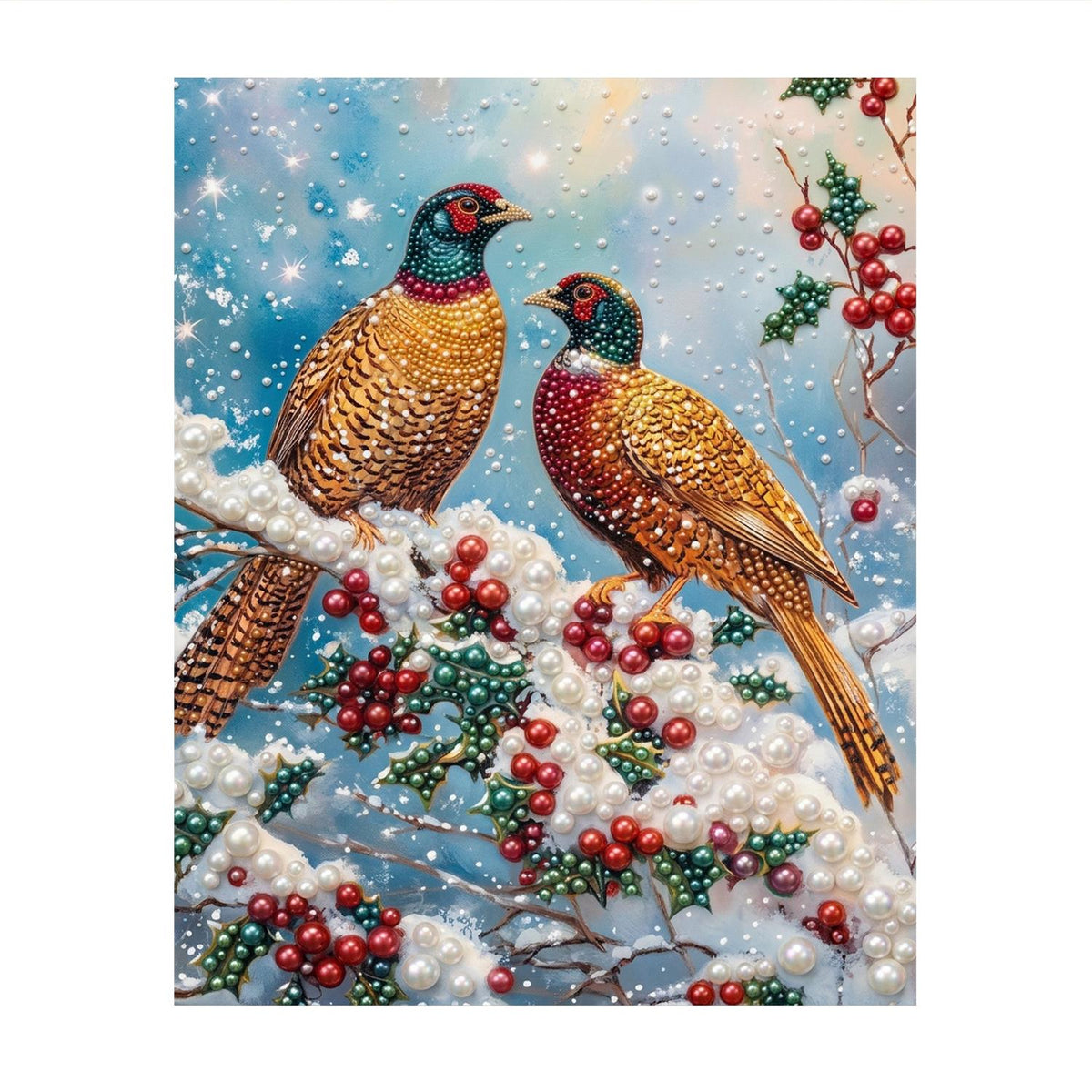 Pheasant Pair on a Snowy Bough pearl painting – image 11