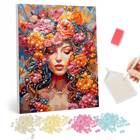 Woman Crowned in Orange Blooms pearl painting – Woman with eyes closed, her flowing hair filled with orange, coral and pink flowers and beads