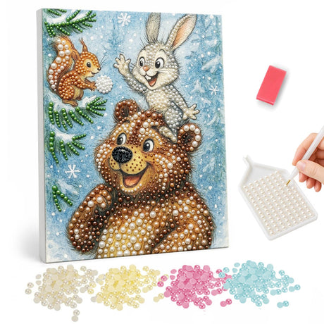 Snowball Fun with Bear and Bunny pearl painting – Cheerful brown bear with a rabbit on its head and a squirrel holding a snowball among snowy pines