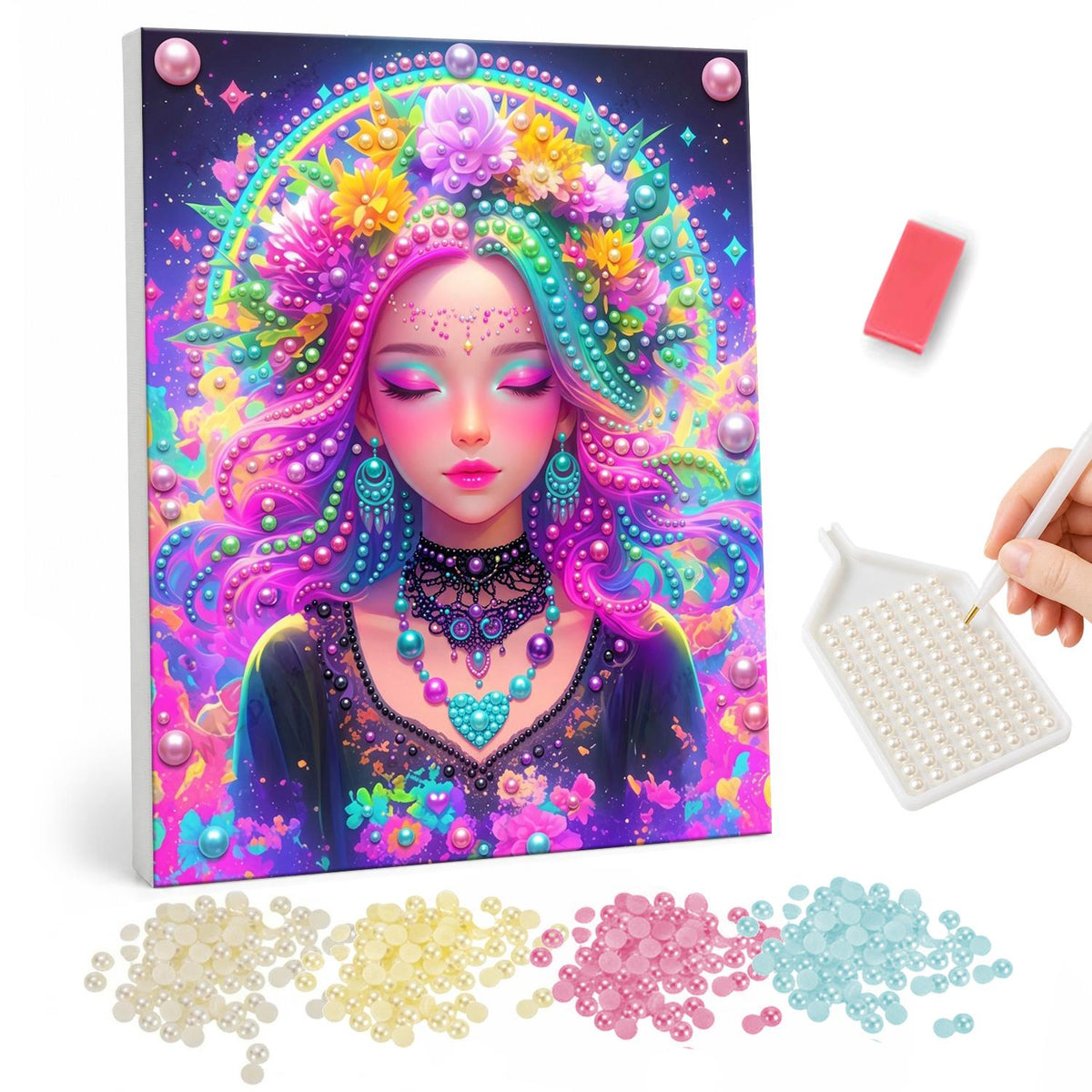 Neon Flower-Crowned Goddess pearl painting – Woman with closed eyes, neon pink and teal hair, a flower crown and jeweled collar on purple
