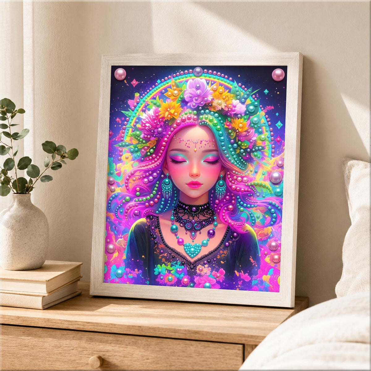 Neon Flower-Crowned Goddess pearl painting – image 2