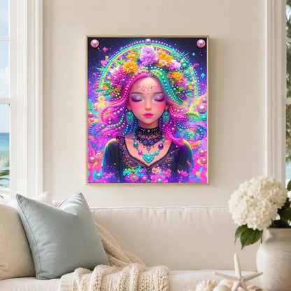 Neon Flower-Crowned Goddess pearl painting – image 3