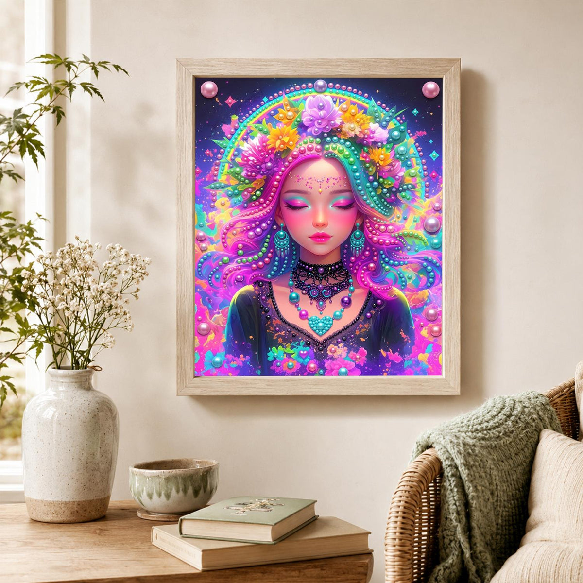 Neon Flower-Crowned Goddess pearl painting – image 4