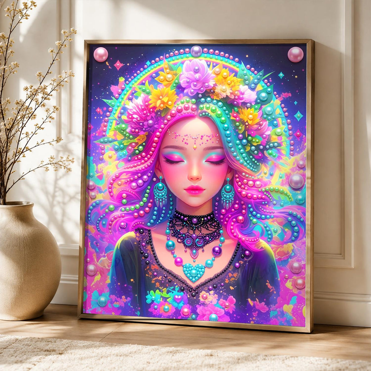 Neon Flower-Crowned Goddess pearl painting – image 5