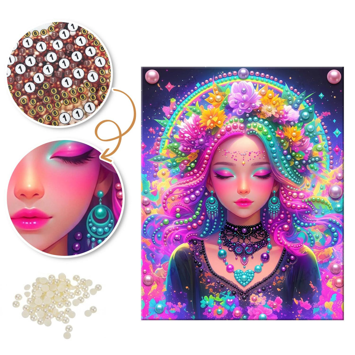 Neon Flower-Crowned Goddess pearl painting – image 6