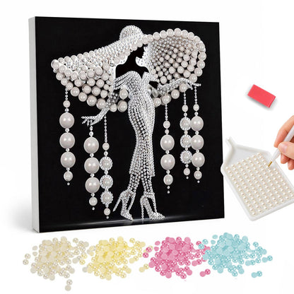 Silhouette Lady in High Heels pearl painting – White full-length silhouette of a woman in heels and a wide hat hung with bead strands, on black
