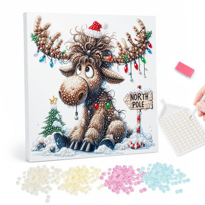 Tangled Lights North Pole Moose pearl painting – Shaggy brown moose with fairy lights in its antlers sitting in snow beside a North Pole signpost