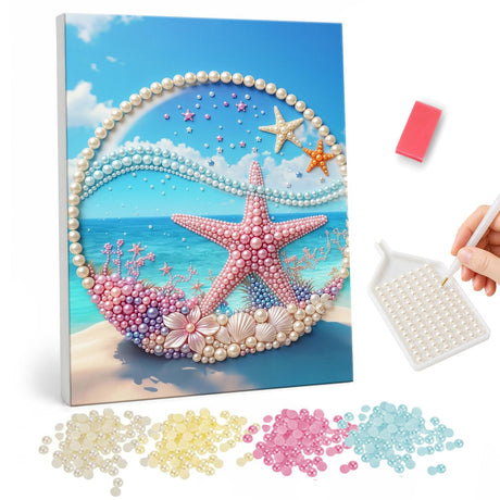 Pearl Painting Starfish and Seashell Beach Scene pearl painting – image 1