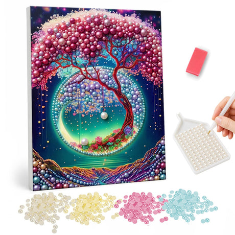 Crescent Moon Blossom Tree pearl painting – Magenta blossom tree arching over a glowing green crescent moon, with hanging beads and flowers