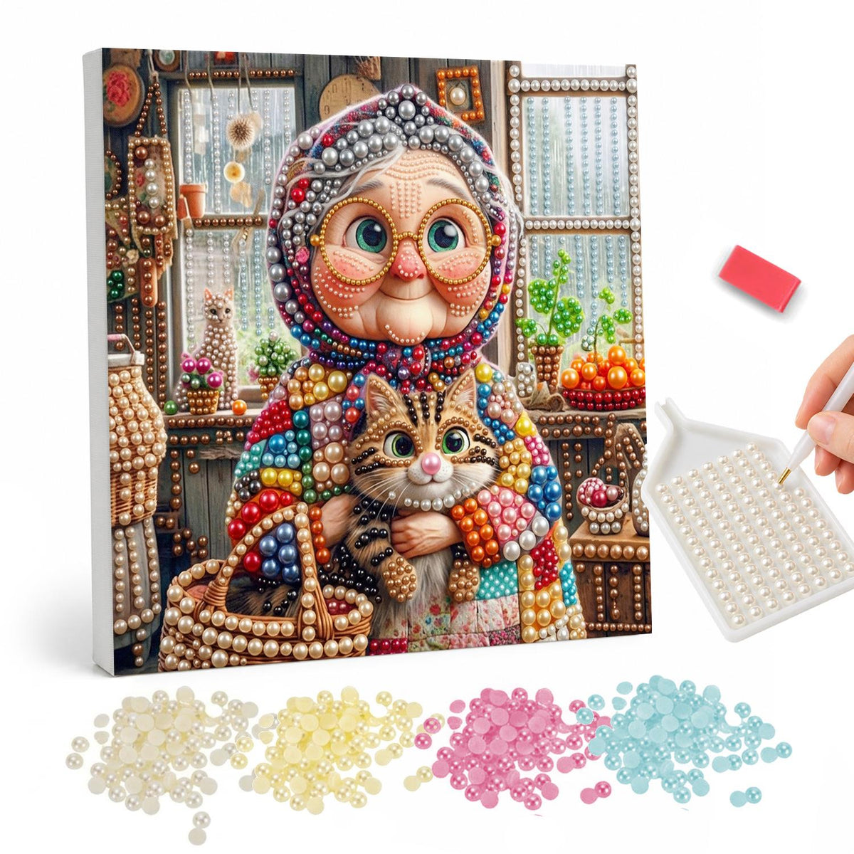 Babushka Hugging Her Tabby pearl painting – Grandmother in a headscarf and round glasses cuddling a tabby cat in a cozy kitchen