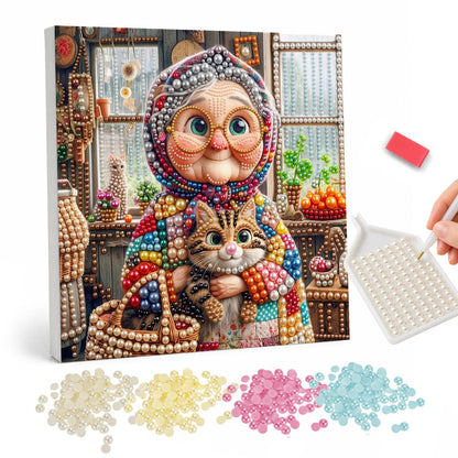 Babushka Hugging Her Tabby pearl painting – Grandmother in a headscarf and round glasses cuddling a tabby cat in a cozy kitchen