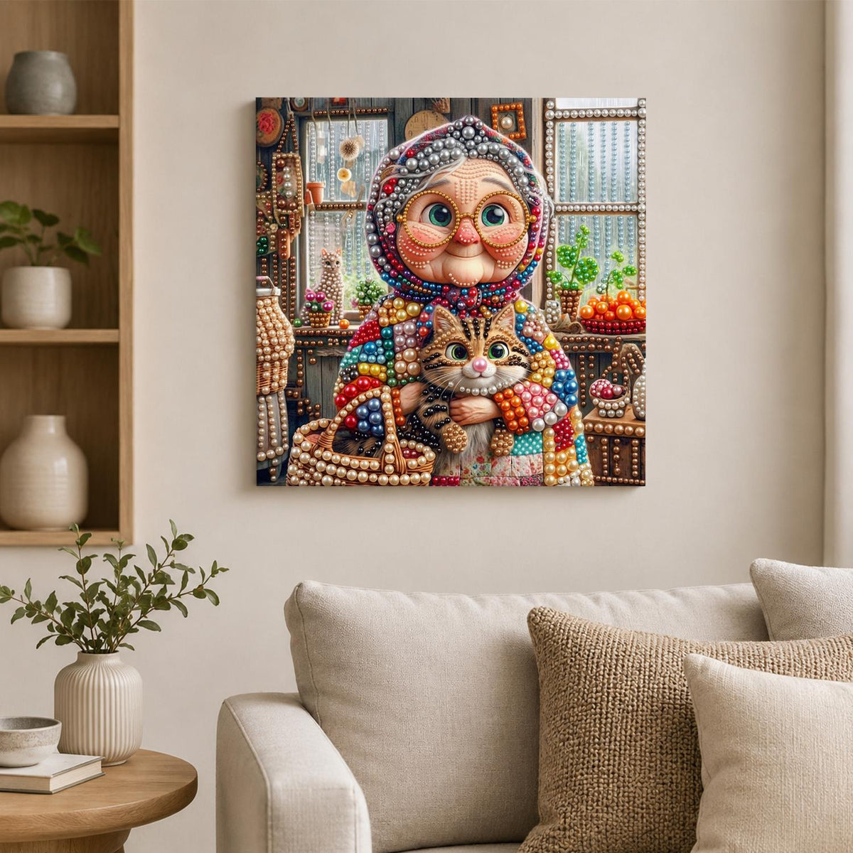 Babushka Hugging Her Tabby pearl painting – image 2