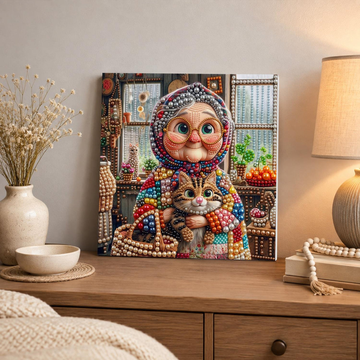 Babushka Hugging Her Tabby pearl painting – image 3