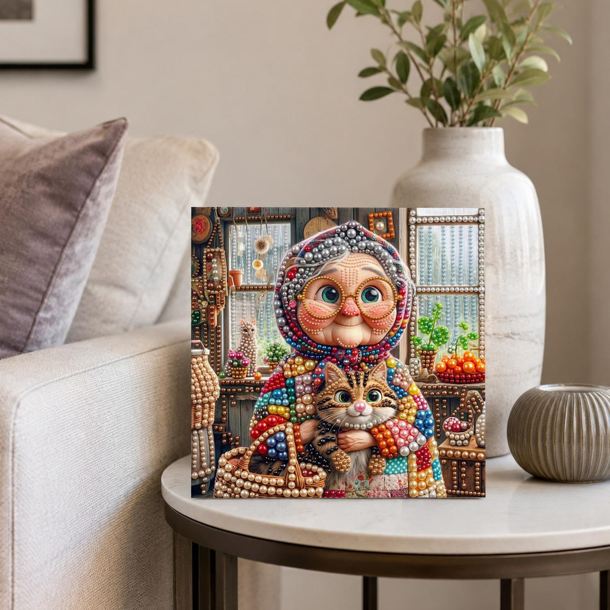 Babushka Hugging Her Tabby pearl painting – image 4