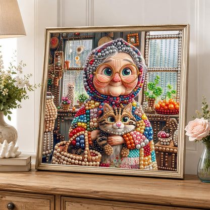 Babushka Hugging Her Tabby pearl painting – image 5