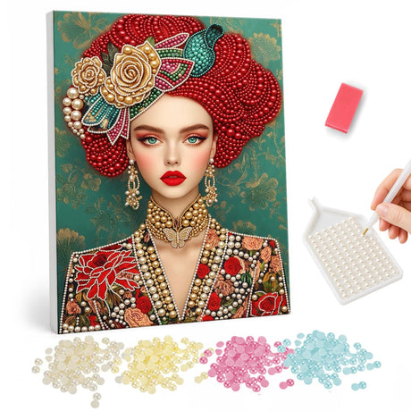 Scarlet Turban with Golden Roses pearl painting – Woman with red lips in a red beaded turban with gold roses and a matching floral jacket on teal