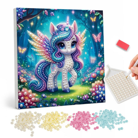 Winged Baby Unicorn in the Glade pearl painting – Cute winged white unicorn with a lilac and blue mane in a glowing forest with butterflies