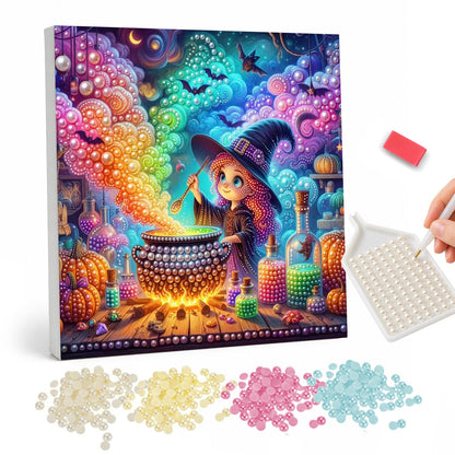 Little Witch's Rainbow Brew pearl painting – Red-haired little witch stirring a cauldron that billows rainbow smoke among potion bottles and pumpkins