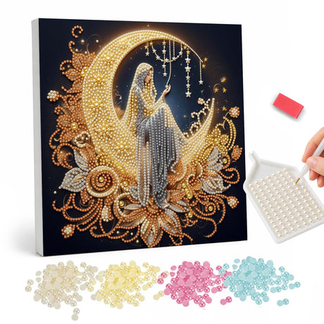 Veiled Lady in the Golden Crescent pearl painting – Veiled woman in a silver gown seated in a golden crescent moon with gold flowers and hanging stars