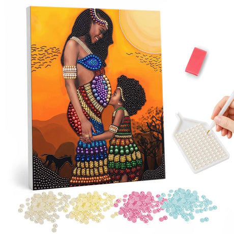 Mother and Child at Savanna Sunset pearl painting – Pregnant African mother in beaded clothing embraced by her small daughter under an orange sunset