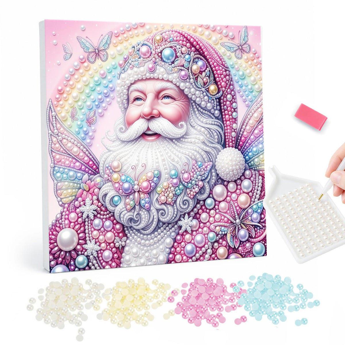 Rainbow Fairy-Winged Santa pearl painting – Smiling Santa in pastel pink with fairy wings and butterflies under a soft rainbow