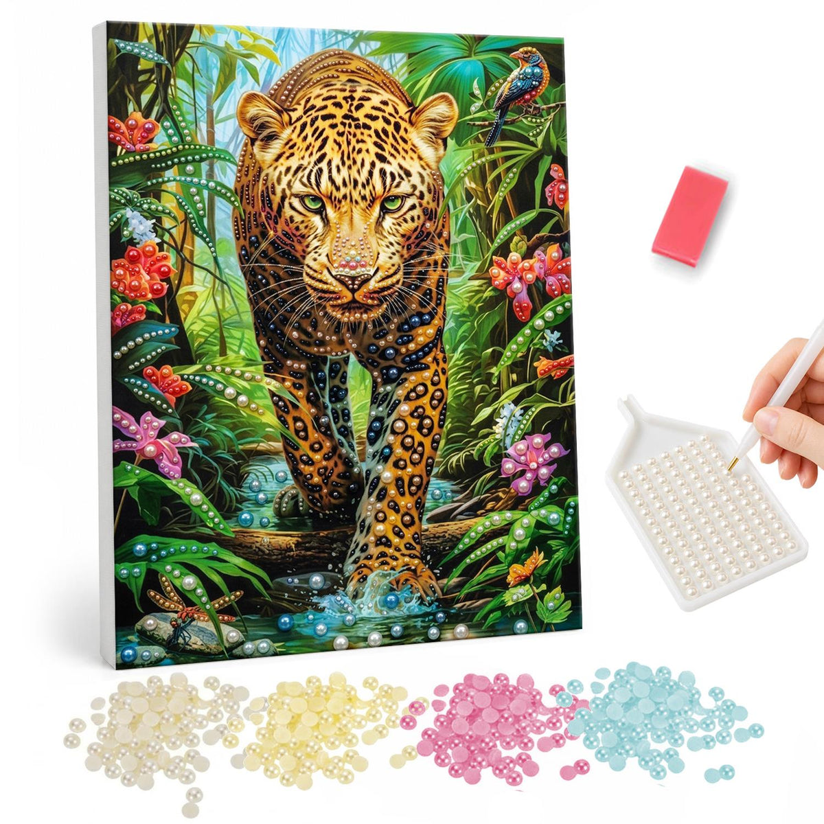 Leopard Prowling the Rainforest pearl painting – Leopard walking straight ahead through a rainforest stream among red and pink tropical flowers